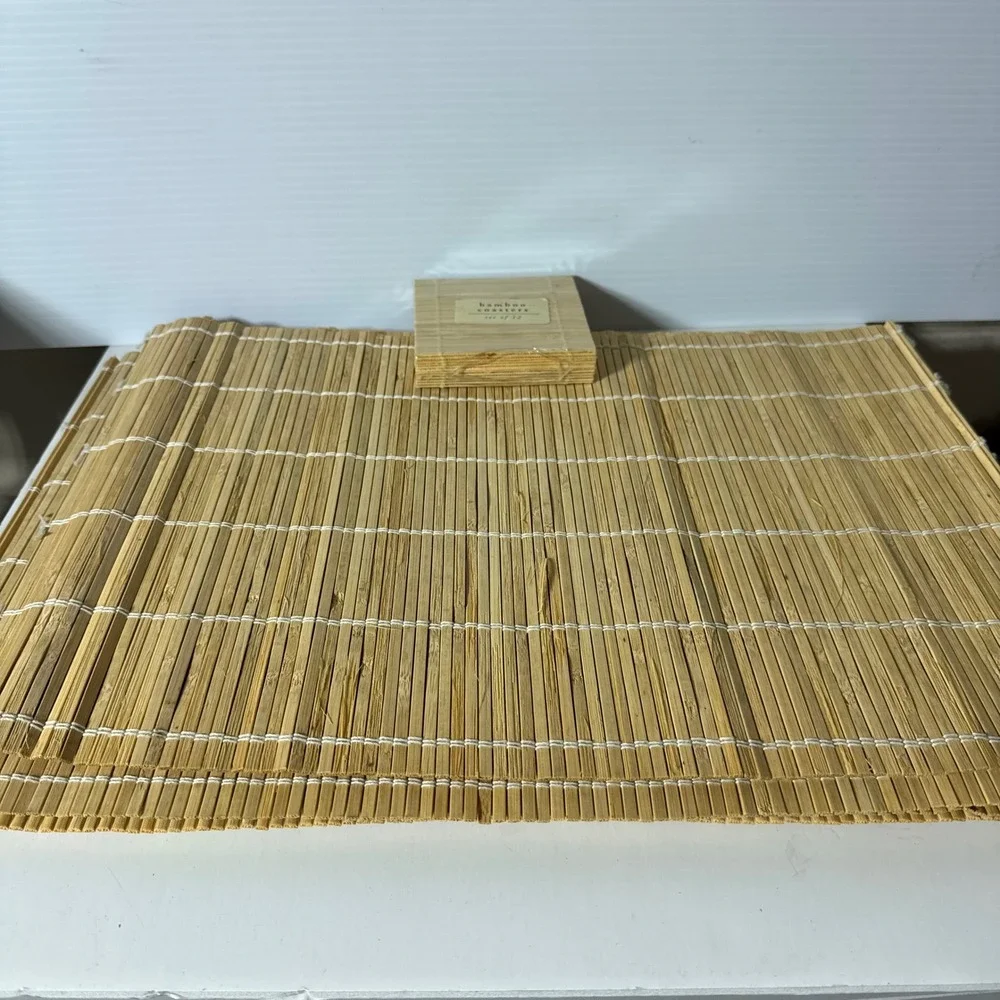 Natural Bamboo Placemats Set of 8 and Matching Coasters Set of 12 Tan Wood Boho